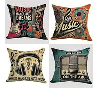 Jinmer Housse de Coussin Musique Guitare 40x40cm Lot de 4 Decoration Canapé Rétro Housses de Coussins en Velours Modernes Decoratif Carrées Taie d'oreiller pour Chambre,canapé,Chaise,Lit,Jardin