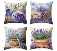 Jinmer Lot de 4 40x40 cm Housse de Coussin Motif Lavande Romantique Décoratif Canapé Lmpression Recto Verso Taie d'oreiller Paysage Violet Housses de Coussin en Velours pour canapé Home Decor