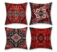 Jinmer Lot de 4 60x60 cm Housse de Coussin Motif Rétro Ethnique Décoratif Canapé Lmpression Recto Verso Taie d'oreiller Rouge Noir Housses de Coussin en Velours pour canapé Home Decor