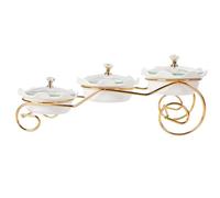 jinsongdafa Bols de service en céramique avec couvercles en verre et plateau en métal, 3 bols à sauce amovibles pour apéritif, fruits, bonbons et condiments, parfaits pour les fêtes