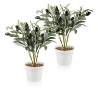 JINXIAN Lot De 2 Branches d'olive Artificiel Plante 28cm Olivier Artificiel | avec Fruit et Pot de Fleurs Blanc Simulation Olivier pour Décoration de Table Intérieure et Plug In Floral Mariage