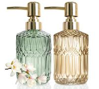 JINYOMFLY Distributeur pour Savon en Verre, 390ml Distributeur Savon Liquide, Flacon Pompe Verre, Doré et Vert Distributeur Savon Salle de Bain, Lot de 2