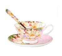 Jiotouhu Ensemble tasse à thé, cuillère et soucoupe en porcelaine et bordures dorées. Boîte cadeau vintage. rose