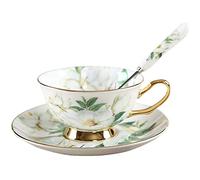 Jiotouhu Série Fleur Camélia, Ensemble Tasse Soucoupe Porcelaine Anglaise à la Cendre d'os, Bone Chine Service à Thé Café,avec Cuillère- 1 Set 200ml