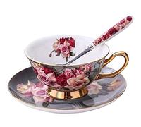 Jiotouhu Série Fleur Rose, Ensemble Tasse Soucoupe Porcelaine Anglaise à la Cendre d'os, Bone Chine Service à Thé Café,avec Cuillère- 1 Set 200ml
