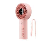 JISULIFE Mini ventilateur portable 5000 mAh avec vent puissant, mini ventilateur rechargeable par USB avec affichage numérique, 5 vitesses de vent, idéal pour les voyages, l'école, les cils - Rose