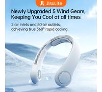 JISULIFE-Ventilateur de cou portable, mis à niveau, batterie 5000mAh, soutien de la présidence, réglage des vitesses à 5 vitesses, ventilateur mains libres portable extérieur Gray
