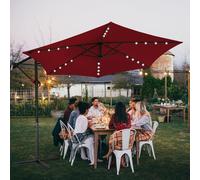 Jiubiaz Parasol rouge LED solaire Ø300cm Parapluie de jardin Parasol de marché Manivelle Balcon Alu Inclinable