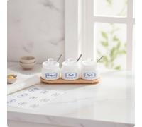 Jiuvaso Miniature Coffret Bocaux Épices Condiment Pot Plateau Plat avec Couvercles à Dôme et Cuillères Insérées en Plastique avec Étiquettes à Personnaliser, Nouveau Pot À Épices, Blanc Vintage