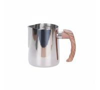 Jiuvaso Pichet à Mousser Lait en Inox Poignée Bois Bec Intérieur Gradué Pichet à Lait Mousseur Adapté Création Latte et Bar Professionnel, Argent, 600ML