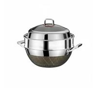 Jiuvaso Wok en Acier Inoxydable Poêle Sauteuse Casserole Marmite Forme Ronde Polyvalente Sauter Braiser Mijoter Chauffe Rapide Couvercle Verre Incrusté Titane, Argent, Argent, Avec Cuiseur Vapeur