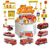 jiuzcare Camion de Pompiers Gâteau Décoration, 25pcs Accessoires décoratifs pour véhicules de pompiers - 7 jouets de pompiers Toppers de Gâteau Pirate 9 panneaux de signalisation routière Garnitures