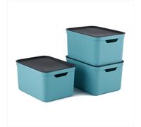 Jive Lot de 3 Boîtes de rangement A4 avec couvercle 16 L bleu turquoise | Panier de rangement, format A4, poignées intégrées, empilables, plastique recyclé, motif tressé, contenu bien couvert
