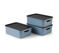 Jive Lot de 3 Boîtes de Rangement avec Couvercle | 10l, A4 | Petites Boîtes Empilables | Motif Tressé | Modulable & Empilable | Facile d'entretien & Solide | Bleu/Anthracite