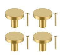 JIZZU 4pcs Boutons de Meuble Ronds, Bouton de Tiroir en Laiton Massif, Poignée de Meuble Armoire, Bouton de Porte Or pour Placard, 28mm, avec 4 vis Pour Commode Armoire