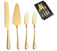 JJ GRADGOWN Couteaux À Gâteau De Mariage Personnalisés, Gravure Nom Et Date, Coffret Quatre Pièces, Cadeau Pour Anniversaire, Fiançailles Et Jour De Mariage (Or)