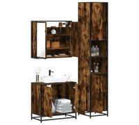 Jkghdrt Lot de 3 meubles de salle de bain en bois de chêne fumé avec cadre | Résistant à l'humidité, cadre en métal stable, beaucoup d'espace de rangement, miroir en verre transparent
