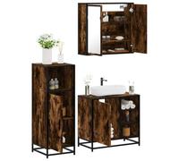 Jkghdrt Lot de 3 meubles de salle de bain en bois de chêne fumé avec miroir | Avec cadre en métal, miroir en verre, résistant à l'humidité, facile d'entretien, support mural inclus pour la sécurité