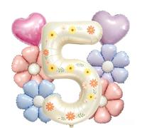 JKGOO Daisy Ballon décoratif de fête d'anniversaire pour 1er anniversaire - Ballon en aluminium en forme de chiffre 1 avec autocollants floraux à faire soi-même, motif fleur rétro et cœur 45,7 cm