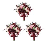 Jnchdghwa 3X Bourgogne Poussiéreux Rose Rose Bouquet - Champagne Blush Blooming Pivoine avec Eucalyptus Réel Parfaites Fleurs de Mariage Nuptiale