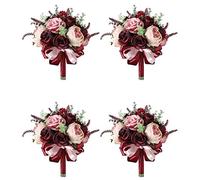 Jnchdghwa 4X Bourgogne Poussiéreux Rose Rose Bouquet - Champagne Blush Blooming Pivoine avec Eucalyptus Réel Parfaites Fleurs de Mariage Nuptiale
