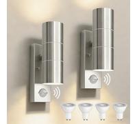 JNR Lampe Exterieur Detecteur de Mouvement Réglable PIR, Argent 2 Pack | Acier Inoxydable Applique Murale avec Detecteur, 230V Étanche IP54 Luminaire Exterieur avec 2*5W GU10 3000K LED Ampoule