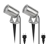 JNR Spot LED Extérieur, Étanche IP65 Spot Exterieur GU10, Argent 2 Pack | Acier Inoxydable Spot avec 2 m Câble, GU10 5W 3000K Ampoule, Lampe avec Spike Ground, avec Prise, pour Jardin Chemin Arbustes