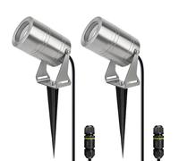 JNR Spot LED Extérieur, Étanche IP65 Spot Exterieur GU10, Argent 2 Pack | Acier Inoxydable Spot avec 2 m Câble, GU10 5W 3000K Ampoule, avec Boîte de Dérivation Etanche IP68, avec Spike Ground