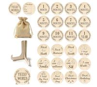 JNYUTEEN 13 Pièces Cartes Jalons en Bois avec Sac et Support, Cartes d'Étapes Rondes 10 cm et Milestone Cards, Plaque Ronde Annonce de Naissance pour Photos Mensuelles et Décoration de Chambre