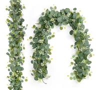 JNYUTEEN 2 Pièces Guirlandes Eucalyptus Artificiel, Guirlande Végétale Décorative 1,8m, Composition avec Fleurs Blanches pour Décoration Mariage et Intérieur