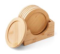 joeji's Dessous de Verre Bambou x6 avec Support - Bois Naturel & Rond, 9cm