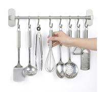 joeji's Kitchen Porte Ustensiles Adhésif Noir - Barre 40cm Avec 8 Crochets - Organiseur pour Cuisine, Salle de Bains ou Garage (Argent)