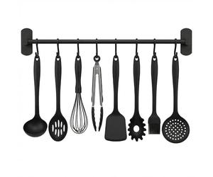 joeji's Kitchen Porte ustensiles cuisine adhésif noir - Accroche ustensiles de cuisine 40 cm - Barre cuisine avec 8 crochets