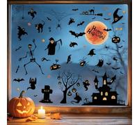 Joeyan 2 Feuilles Grands Autocollants Vitre Halloween Auto-adhésifs,30x90cm | Stickers Fenêtre Double Face, Film avec Maison Hantée Sorcière Volante Lune Orange Déco pour Fête Appartement Maison Magasin
