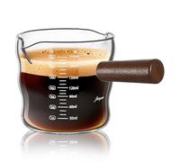 Joeyan 210ml Verre Doseur Cuisine avec Anse en Bois, Pot à Lait 7oz Gradué, Tasse à Expresso avec Double Bec Verseur en V, Borosilicate Gobelet Mesureur pour Cocktail Café Matcha, Accessoire Barista
