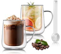 Joeyan 2x400ml Tasse à Café Double Paroi avec Poignée,Verres à Biere,Mug xxl Transparent,Tasse isotherme,Résistant à la Chaleur en Verre Borosilicaté Thermiques pour Latte macchiato,Cappuccino,Thé,Jus