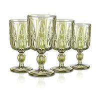 Joeyan 300ml Vert Verres à Vin Cristal Rétro en Relief Géométrique,Lot de 4 | Colorés Verre a Pieds,Design Baroque Vintage Gobelets pour Eau Rouge Blanc Boire Jus apero aperitif,Passe au Lave-Vaisselle