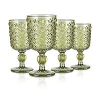 Joeyan 300ml Vert Verres à Vin Cristal Vintage,Relief Géométrique,Lot de 4 | Colorés Verre a Pieds,Design Baroque Rétro Gobelets Eau pour Rouge Blanc Boire Jus apero aperitif,Passe au Lave-Vaisselle