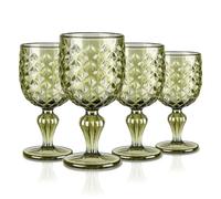 Joeyan 330ml Vert Verres à Vin Vintage,Lot de 4 Colorés Verre a Pieds Relief Géométrique,Design Baroque Rétro Gobelets Eau pour Rouge Blanc Boire Boissons Jus apero aperitif,Passe au Lave-Vaisselle