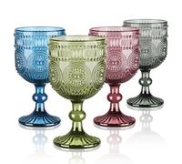 Joeyan 350ml Multicolor Verres à Vin Rouge Rétro,Relief en Florale,Lot de 4 | Colorés Verre a Pieds Cristal, Design Baroque Vintage Gobelets pour Eau Boire Jus apero aperitif,Passe au Lave-Vaisselle