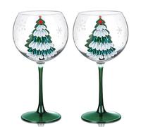 Joeyan 580ml Verres à Vin de Noël, Lot de 2 Verres Ballon à Gin Tonic | Verre a Pied Crystal Peints à la Main Design Flocons de Neige et Sapins de Noël Verts,Gobelet Service de Table, Fêtes Cadeaux