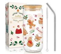 Joeyan 600ml 20oz Verres de Noel avec Paille et Couvercle, Cadeau Festif | Esthétique Verre Matcha Latte, Bonhomme en Pain d‘épice Xmas Tasse à Café Glacé, Cadeau pour Amie,Enfants,Adultes,Collègues