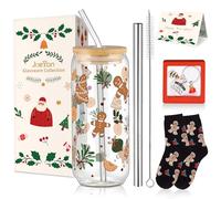 Joeyan 600ml Verre avec Couvercle et Paille,Bonhomme en Pain d'épices Noël | aesthetic Gobelet Matcha Latte de Voyage, Réutilisable Bubble Tea Smoothie Cup, Tasse à Café Chaud, Coffret Cadeaux de Noël