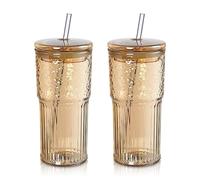 Joeyan 650 ml Ambre Verre Avec Couvercle et Paille pour Smoothies Milkshakes Jus de Fruits Thé,Borosilicate Verre Nervuré,Côtelée Boire Tasses,Gobelet Bubble Tea