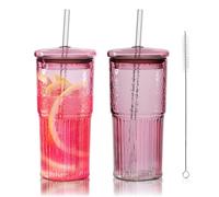 Joeyan 650ml Verre avec Couvercle et Paille, Set de 2 Grande Gobelet à Bubble Tea, Rose Transparent Borosilicate Tasses à Café Glacé pour Smoothie/matcha/Côtelée/Milkshakes (Extérieur/voyages/bureau)