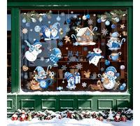 Joeyan 9 Feuilles Autocollants Fenetre Noël Réutilisables, Déco Hiver Bleu | Sticker Vitre Electrostatique,Vitrophanie Double Face avec Bonhomme de Neige Lutin Flocons de Neige pour Magasin,Maison,École
