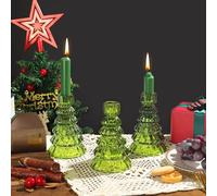 Joeyan Bougeoir Noel Decoratif en Forme de Sapin,Photophore Verre Vert,Lot de 3 Chandelier Bougeoirs,Bougie Chauffe Plat pour Décoration Centre de Table,Cheminee,Fête et Intérieur,l'Avent, Idée Cadeau