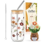 Joeyan Coffret Cadeau Motivationnel pour Femme Fille,Sœur,Ami,Ado,Collegue | 600ml Boho Verre Matcha avec Paille et Couvercle & Positive Fleur au Crochet À La Main, Déco Maison Bureau