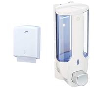 Jofel AH33000 Pliage en Z Distributeur de Serviette en Papier Blanc & axentia Distributeur de Savon Mural 380 ML, Porte Savon Liquide pour Salle de Bain, Doseur Universel pour Savon Liquid