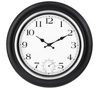JoFomp Grande horloge d'extérieur étanche avec thermomètre - 45,7 cm silencieuse, sans tic-tac, horloge murale à quartz à piles pour patio, maison, piscine, jardin, porche, terrasse (argent, 45,7 cm)